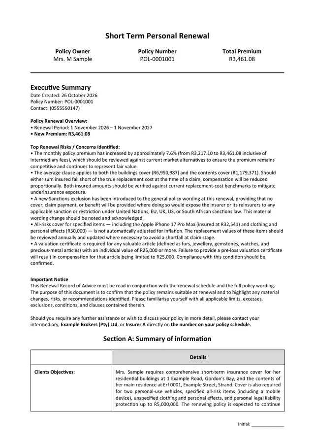 First page of the example Personal renewal ROA