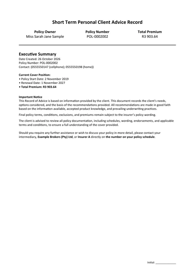 First page of the example Personal ROA