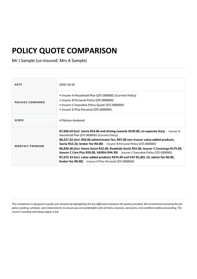 First page of the example Quote comparison